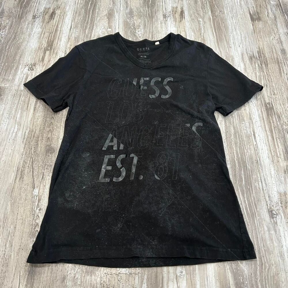 Guess Men's distressed grunge y2k streetwear black cotton v-neck t-shirt